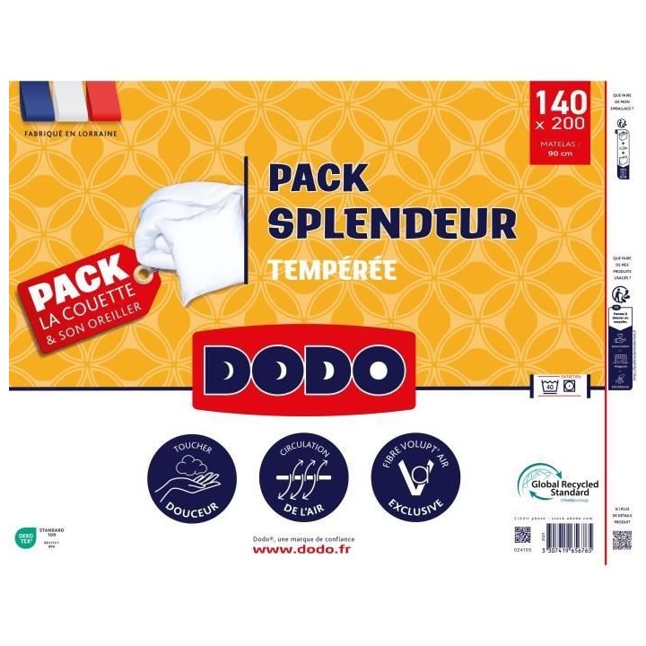Pack couette 140x200 cm + 1 oreiller 60x60 cm - Splendeur - Garnissage