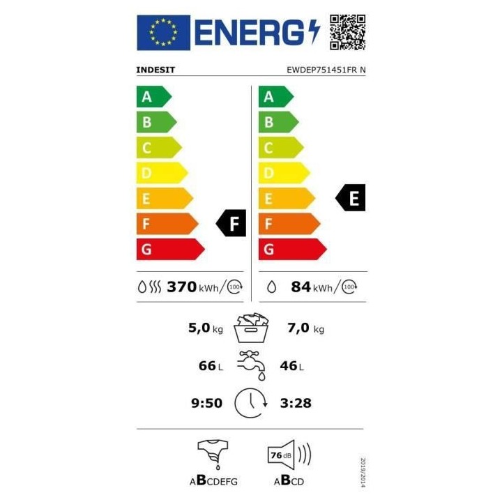 Lave-linge séchant INDESIT EWDEP751451FRN - 7 / 5 kg - Moteur standar