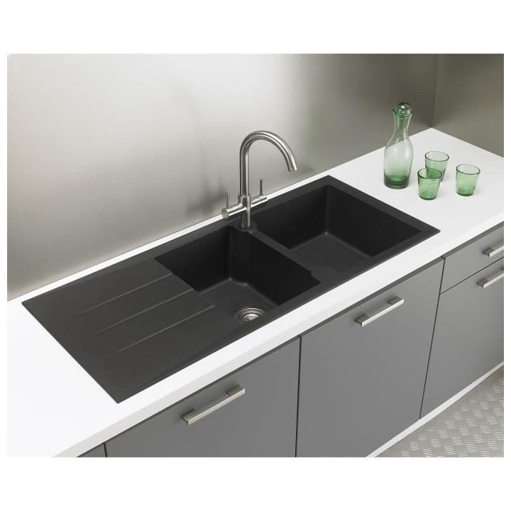 STRADOUR Evier cuisine a encastrer 2 bacs + 1 égouttoir Aloa - Résin