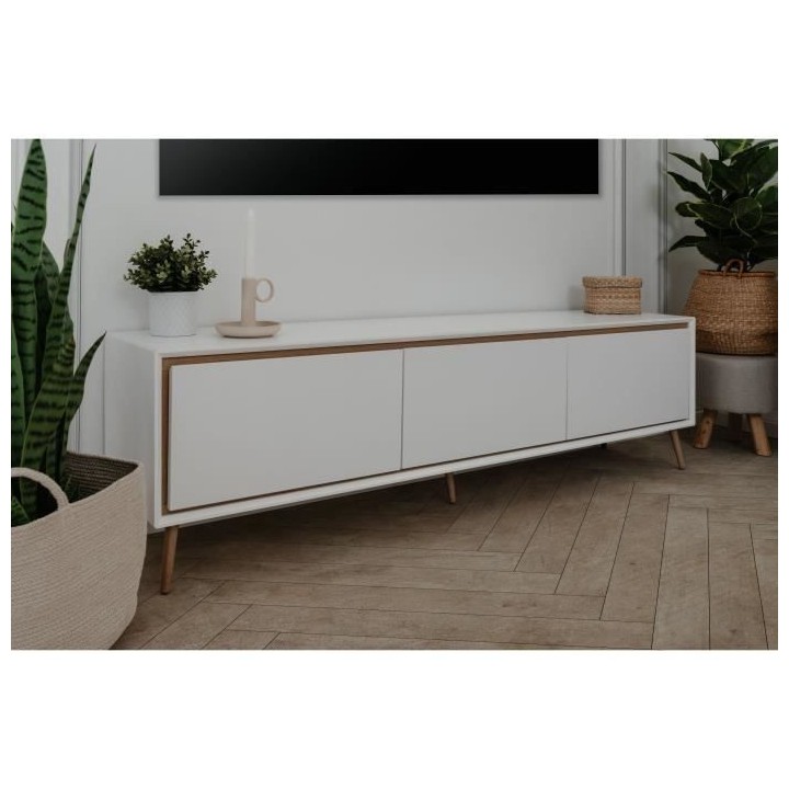 Meuble TV - ARONA - Blanc / Chene artisan - 3 abbatants - 175 x 50 x 3