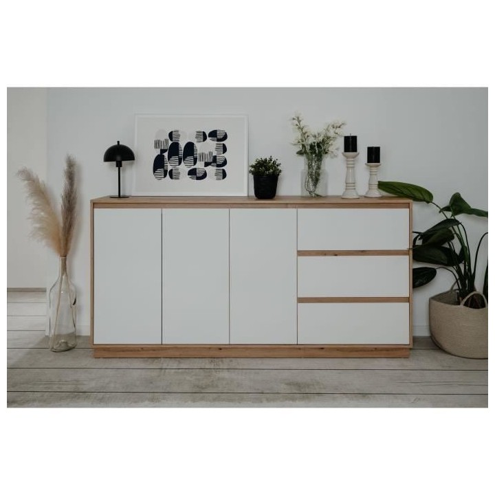 Buffet - PHoeNIX - Décor chene artisan / blanc HGL - 3 portes - 3 tir