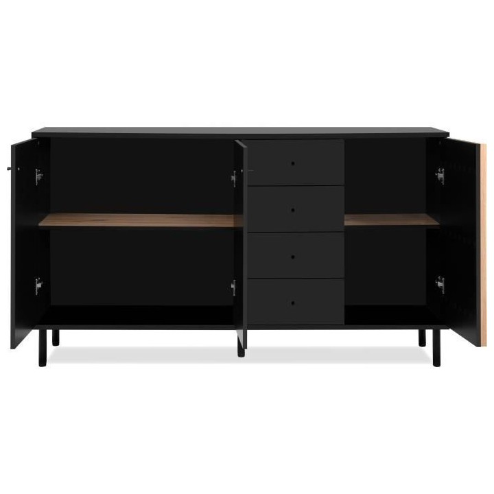 Buffet - MONZA - Décor noir / chene artisan - 3 portes - 4 tiroirs -