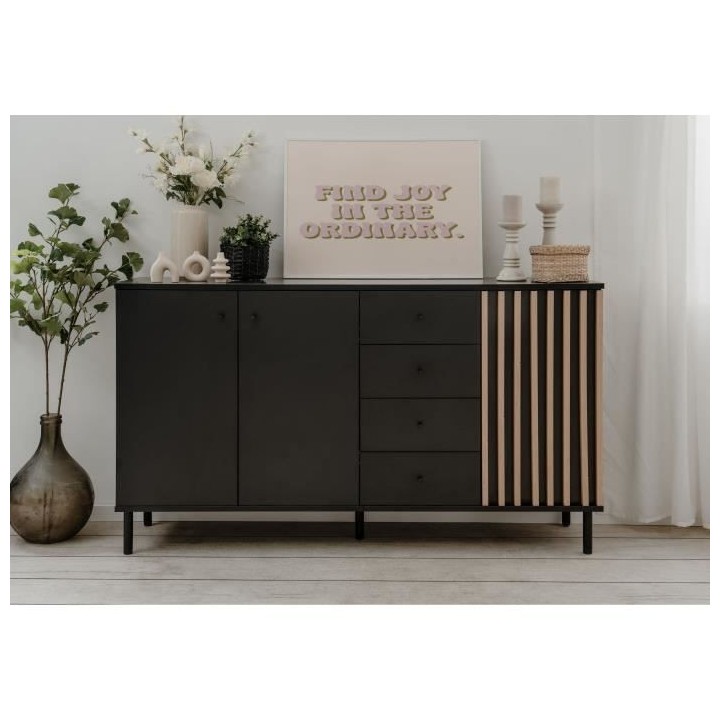 Buffet - MONZA - Décor noir / chene artisan - 3 portes - 4 tiroirs -