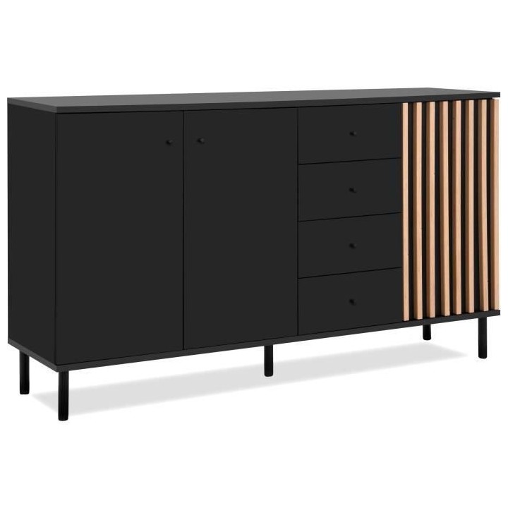 Buffet - MONZA - Décor noir / chene artisan - 3 portes - 4 tiroirs -