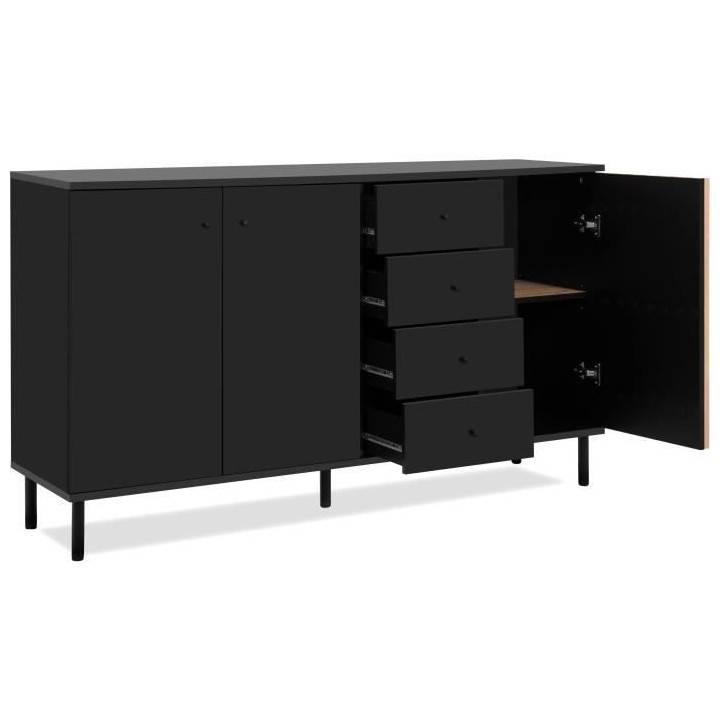 Buffet - MONZA - Décor noir / chene artisan - 3 portes - 4 tiroirs -