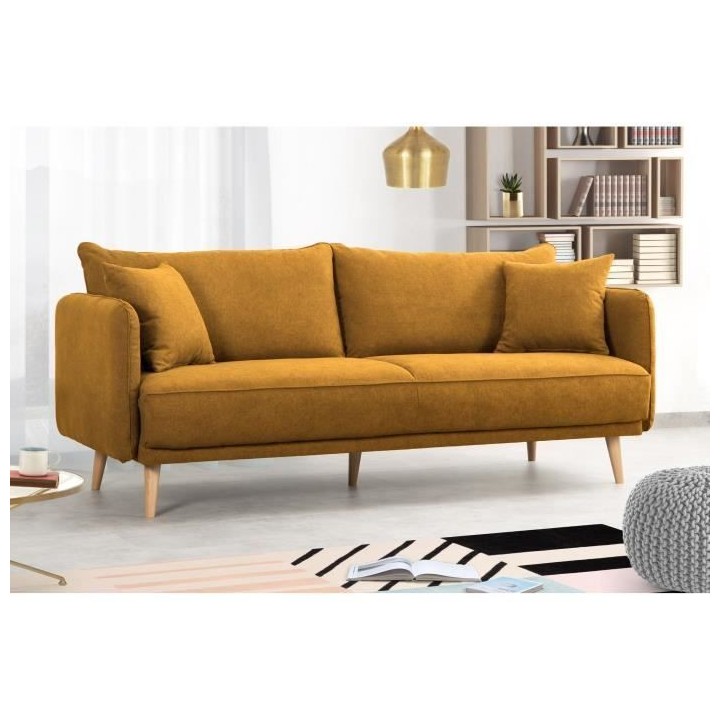 Canapé fixe 3 places DAREN - Tissu moutarde - L 207 x P 90 x H 88 cm