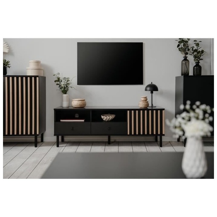 Meuble TV - MONZA - Noir / Chene artisan - 2 tiroirs, 2 niches ouverte
