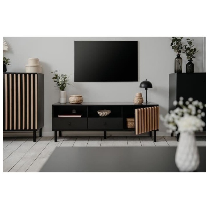 Meuble TV - MONZA - Noir / Chene artisan - 2 tiroirs, 2 niches ouverte