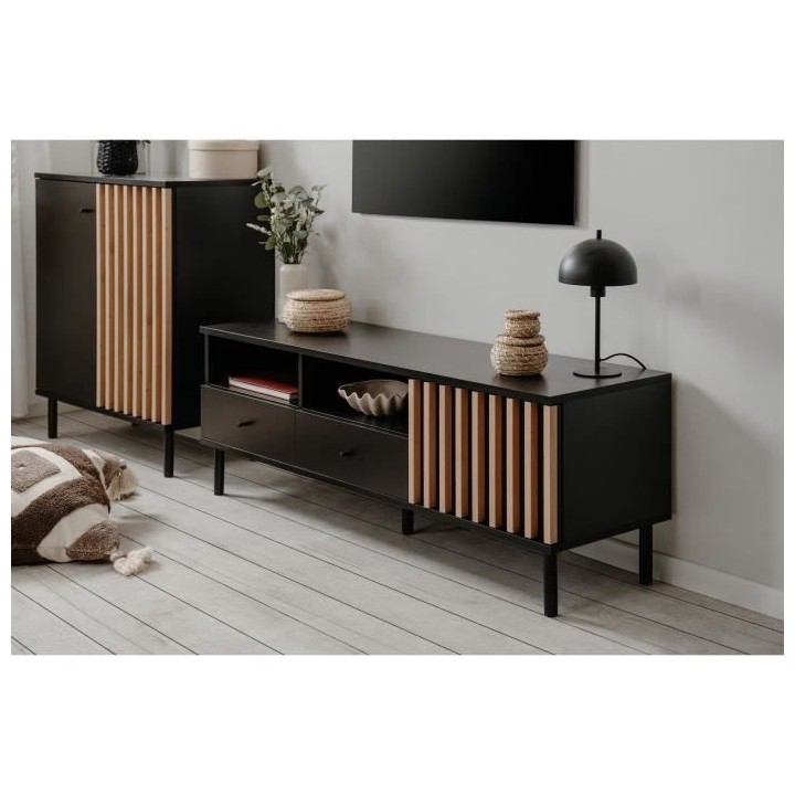 Meuble TV - MONZA - Noir / Chene artisan - 2 tiroirs, 2 niches ouverte