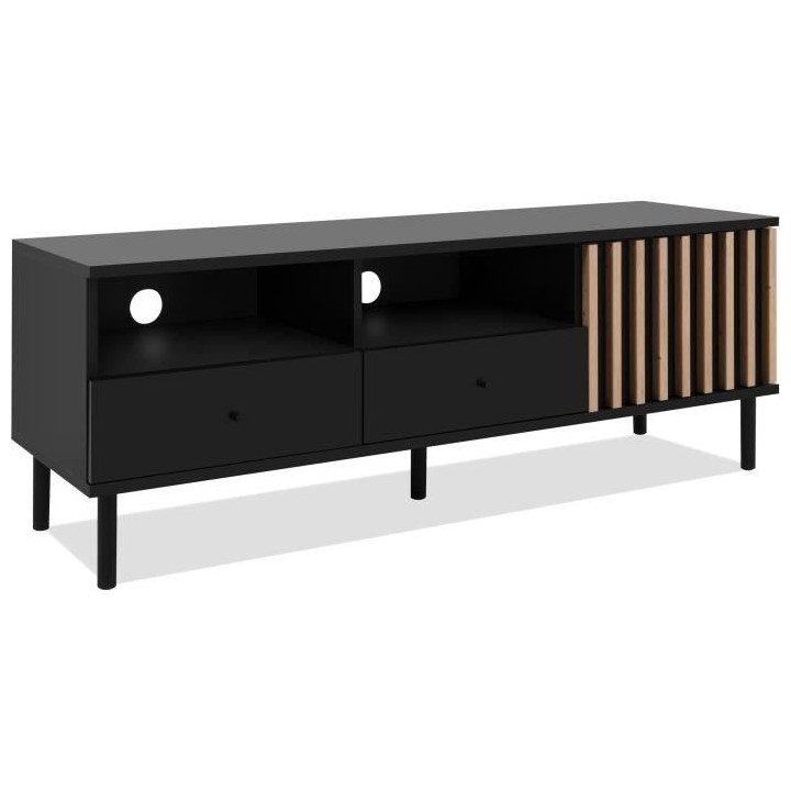 Meuble TV - MONZA - Noir / Chene artisan - 2 tiroirs, 2 niches ouverte