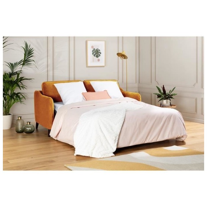 HEXAGONE Canapé Convertible 3 places - Velours ocre - Couchage expres