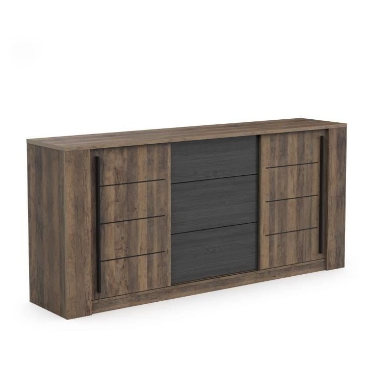 Enfilade MONACO - Décor chene et noir - 2 Portes + 3 Tiroirs - L206 x