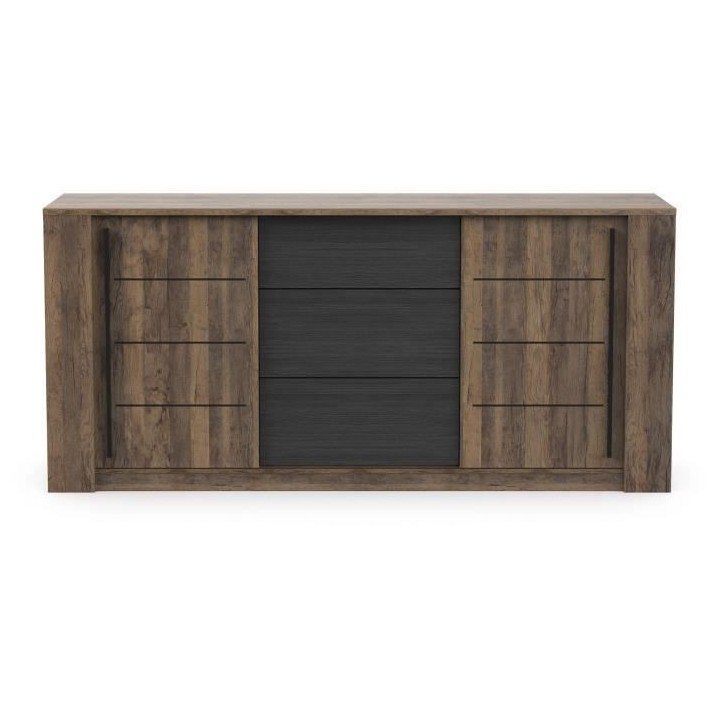 Enfilade MONACO - Décor chene et noir - 2 Portes + 3 Tiroirs - L206 x