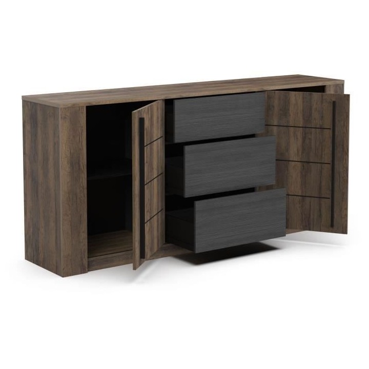 Enfilade MONACO - Décor chene et noir - 2 Portes + 3 Tiroirs - L206 x