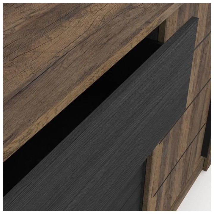 Enfilade MONACO - Décor chene et noir - 2 Portes + 3 Tiroirs - L206 x