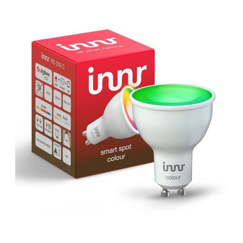 INNR Ampoule connectée GU10 - ZigBee 3.0 Multicolor + Blanc réglable - 1800 a 6500K Intensité réglable.