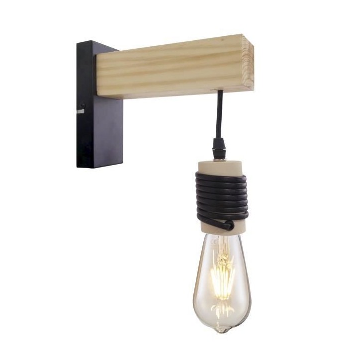 DETROIT Applique industrielle en bois - 6 x 15 x H20 - Noir - Ampoule