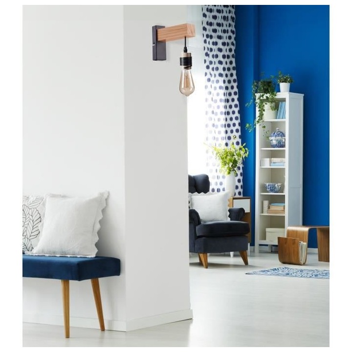 DETROIT Applique industrielle en bois - 6 x 15 x H20 - Noir - Ampoule