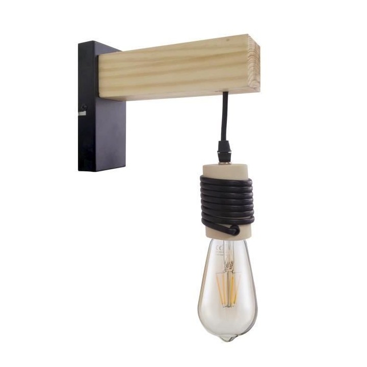 DETROIT Applique industrielle en bois - 6 x 15 x H20 - Noir - Ampoule