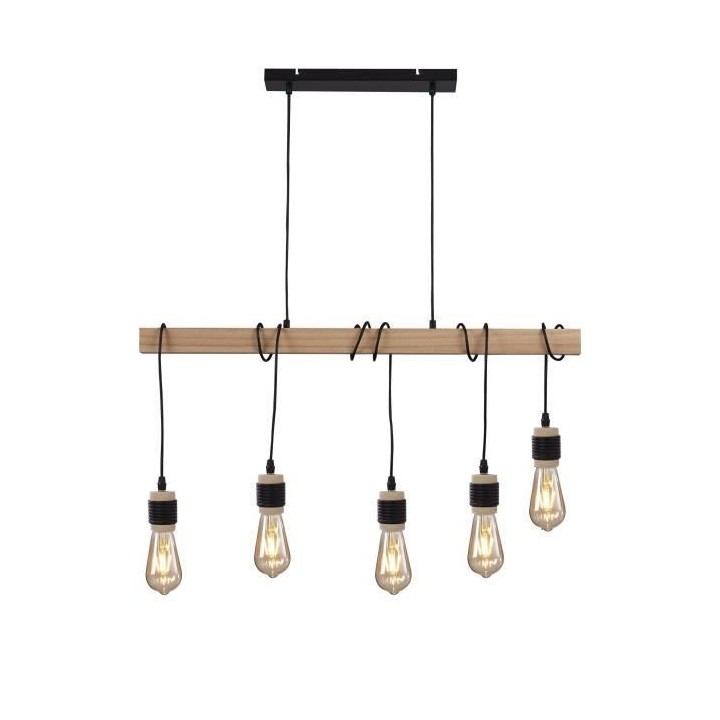 DETROIT Suspension industrielle 5 tetes en bois - 7 x 90 x H150 - Noir