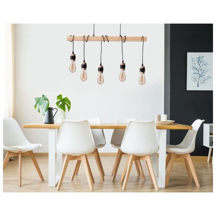 DETROIT Suspension industrielle 5 tetes en bois - 7 x 90 x H150 - Noir