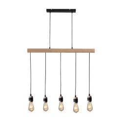 DETROIT Suspension industrielle 5 tetes en bois - 7 x 90 x H150 - Noir - Ampoules décoratives E27 40W fournies