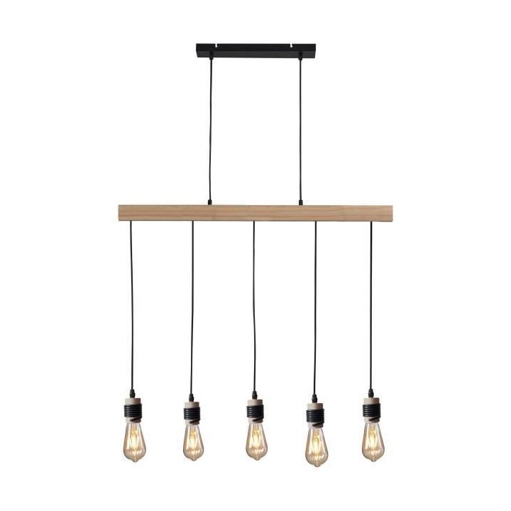 DETROIT Suspension industrielle 5 tetes en bois - 7 x 90 x H150 - Noir