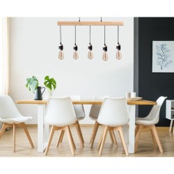 DETROIT Suspension industrielle 5 tetes en bois - 7 x 90 x H150 - Noir - Ampoules décoratives E27 40W fournies