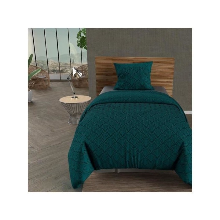 Parure housse de couette PAON - 140 x 200 cm - Microfibre - Bleu - SOL