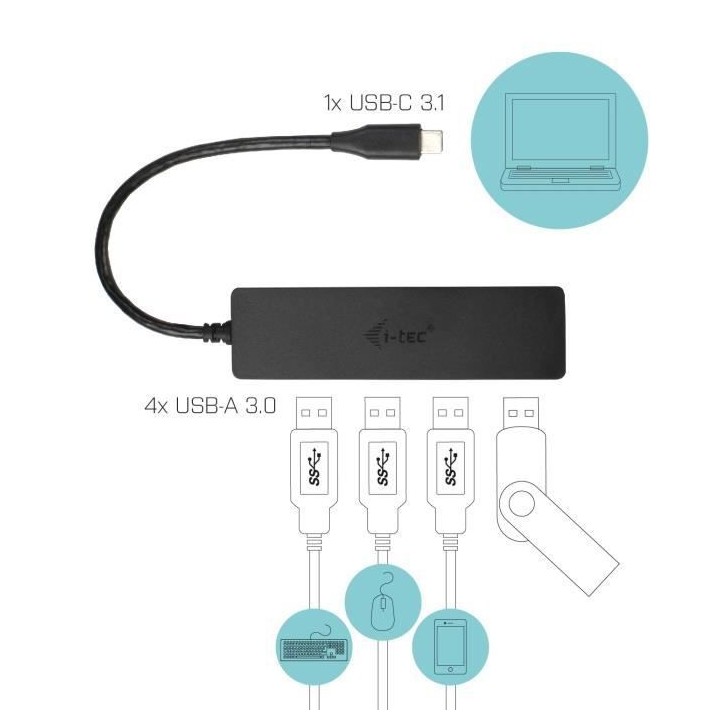USB-C HUB I-TEC avec 4 Ports USB 3.0 avec Câble Intégré 20cm