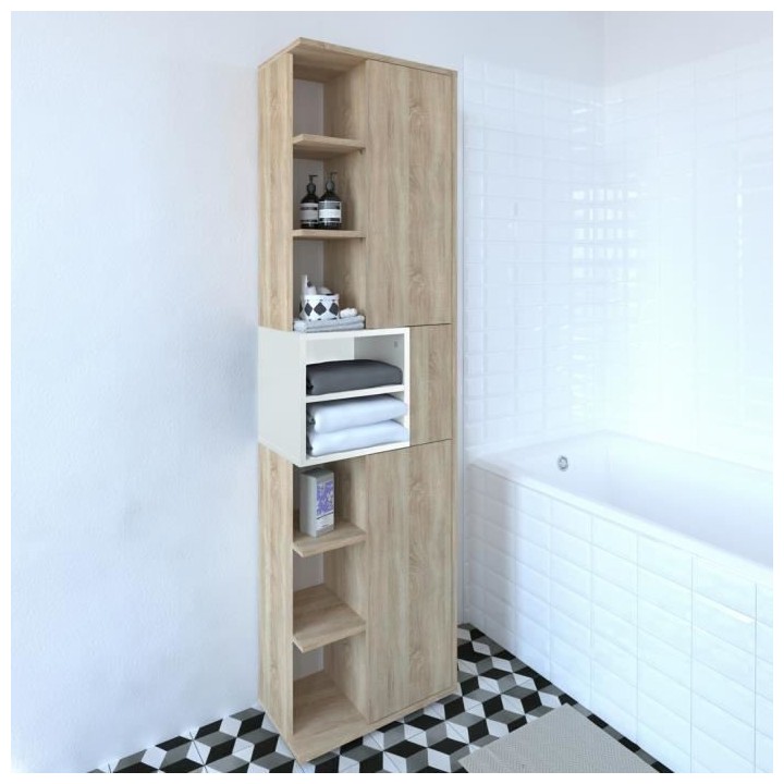 KUBE Colonne salle de bain - Chene naturel et blanc - 2 portes + 8 nic
