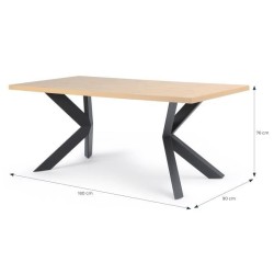 Table a manger fixe ELLIOR - Mélamine décor chene - Pieds Métal - style industriel - 8 personnes - L 180 x P 90 x H 76 cm