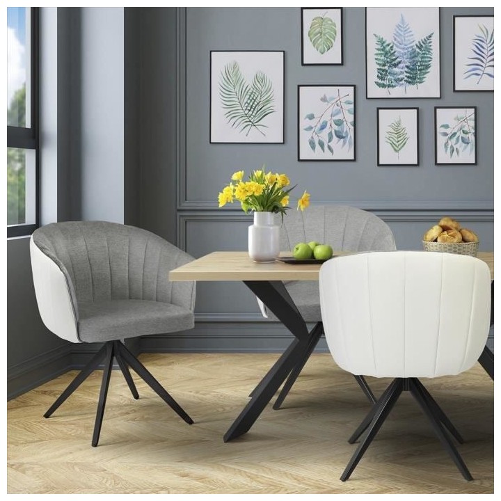 Fauteuil de table - Tissu gris clair et simili blanc - L 61,5 x P 61 x