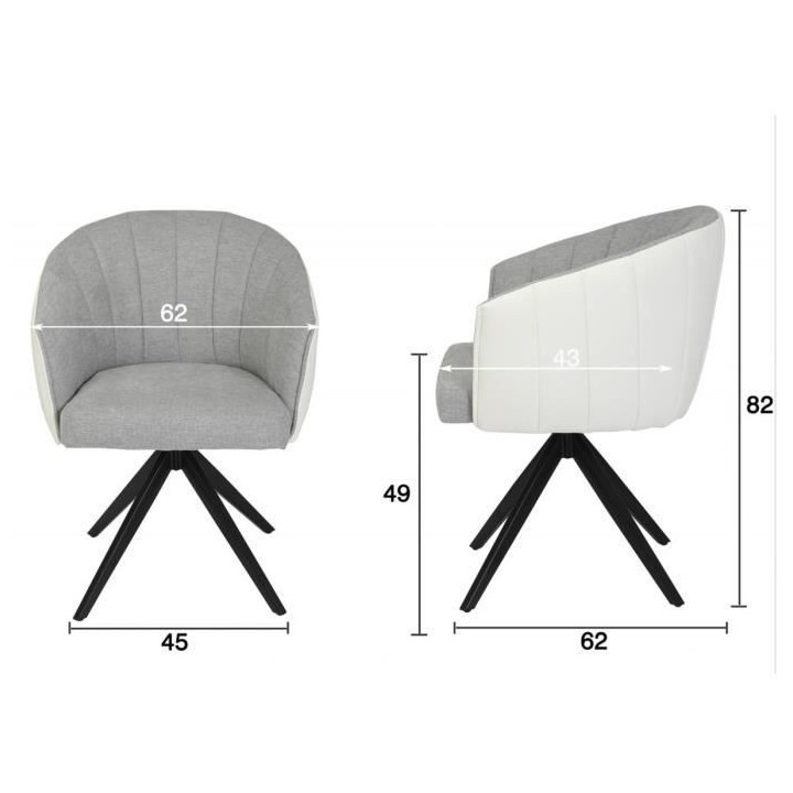 Fauteuil de table - Tissu gris clair et simili blanc - L 61,5 x P 61 x