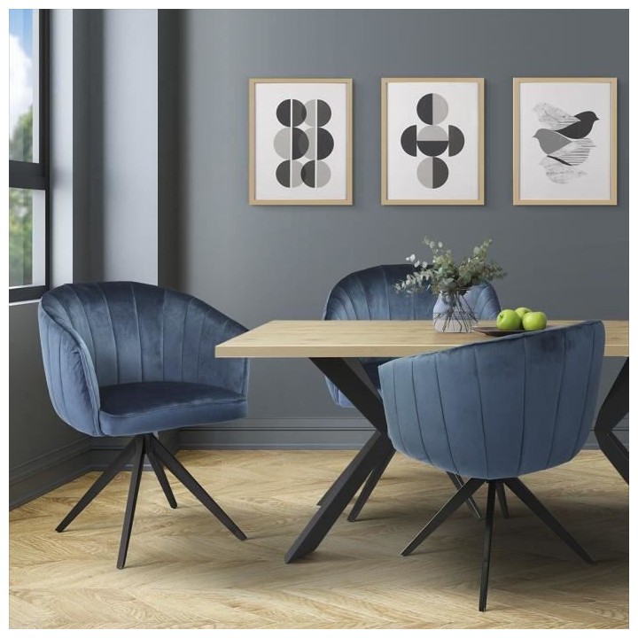MANON Fauteuil de table - Velours bleu - L 61,5 x P 61 x H 79,5 cm