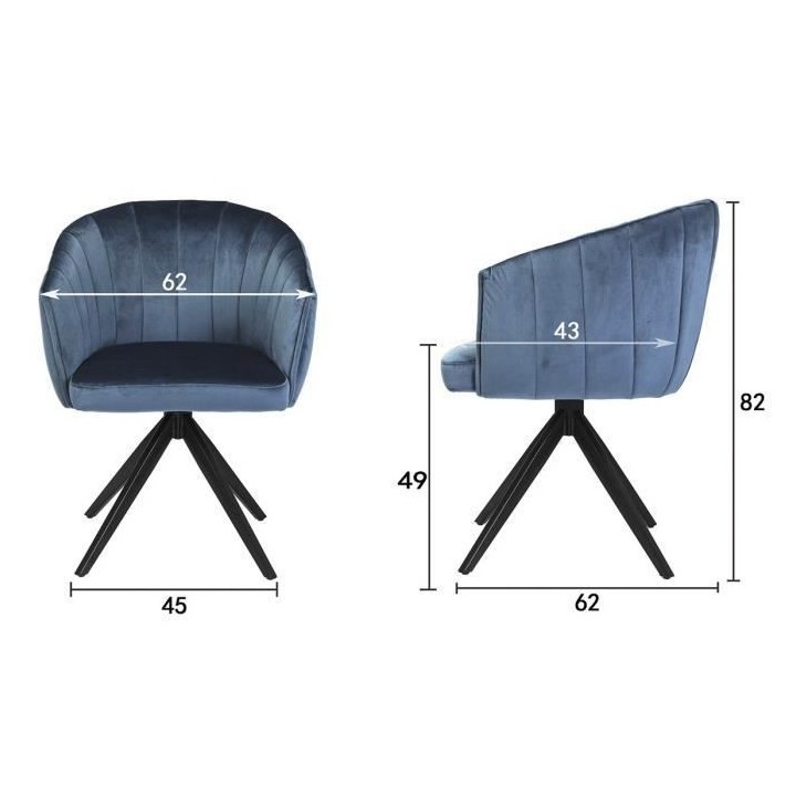 MANON Fauteuil de table - Velours bleu - L 61,5 x P 61 x H 79,5 cm