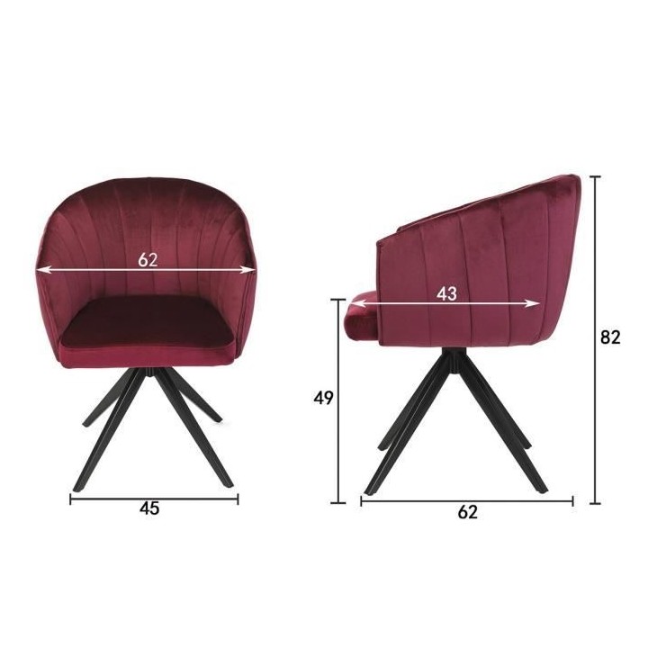 Chaise de salle a manger - Velours bordeaux - L 61,5 x P 61 x H 79,5 c