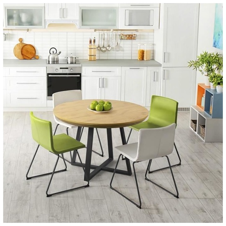 Table a manger OLIVIA - Ronde - Décor chene et métal noir - Style in