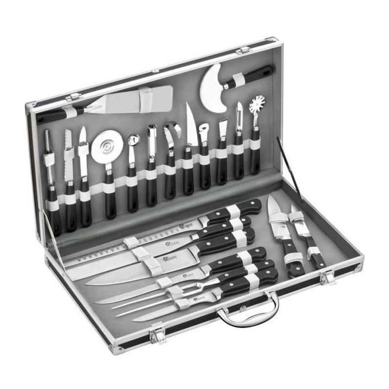 PRADEL EXCELLENCE Valise cuisinier 22 pieces 14 ustensiles + 7 couteaux noir et gris