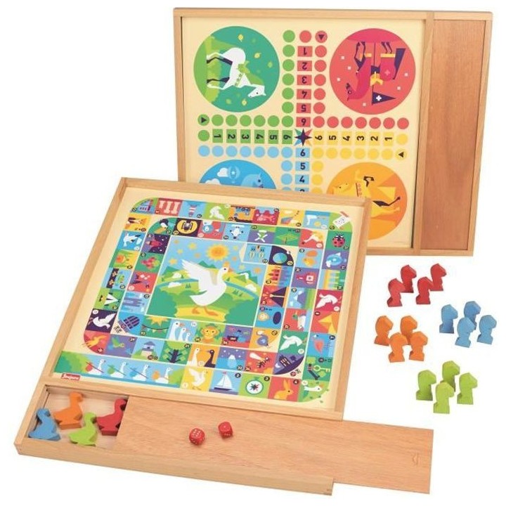 JEUJURA Jeux de l'oie et petits chevaux - Plateau avec plumier en bois
