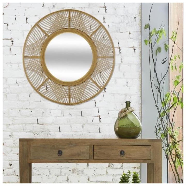 Miroir en bambou, contre-plaqué et verre - Ø Miroir 37 cm - Ø 70 x