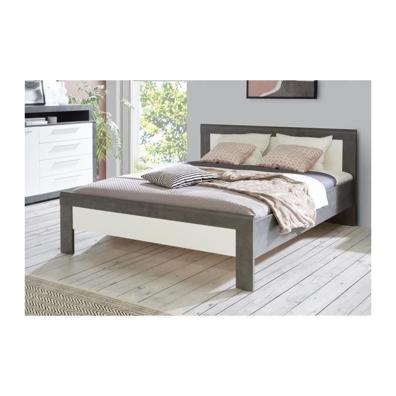 JULIETTA Lit adulte 160x200 cm - Blanc et béton gris foncé - L 205,7 x P 166,8 x H 90 cm