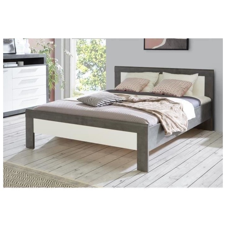JULIETTA Lit adulte 160x200 cm - Blanc et béton gris foncé - L 205,7