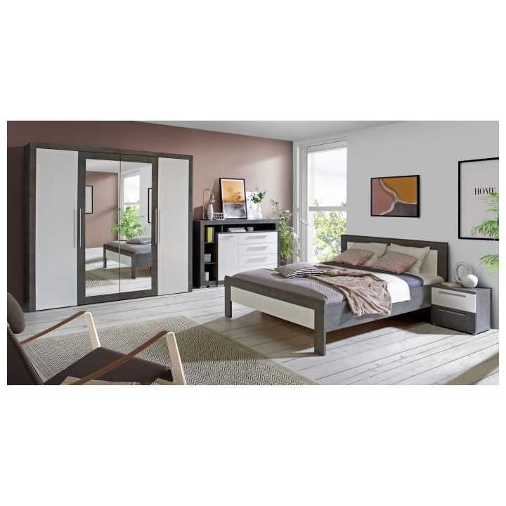 JULIETTA Lit adulte 160x200 cm - Blanc et béton gris foncé - L 205,7