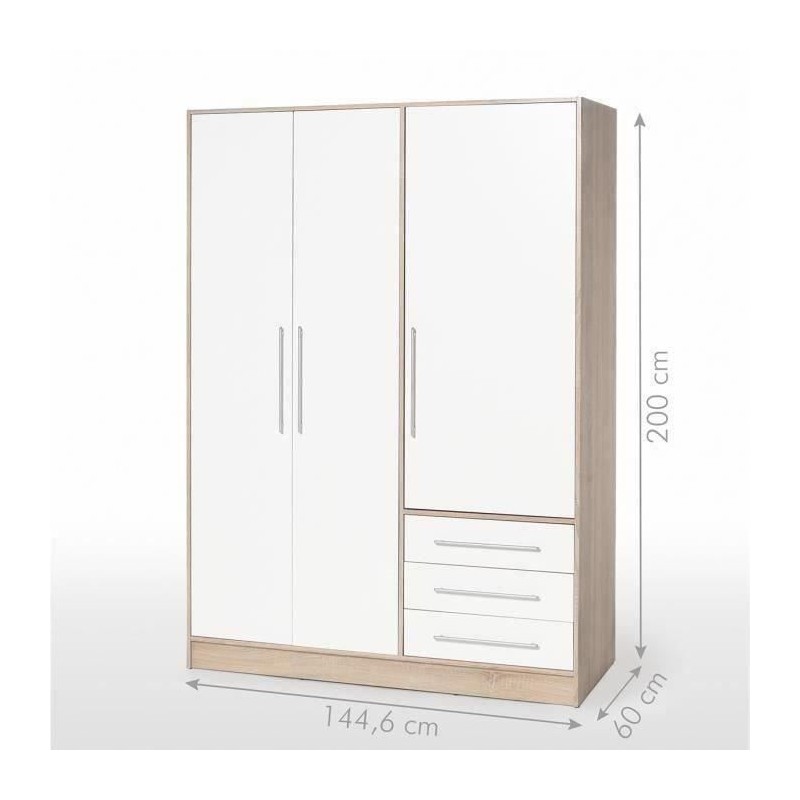 Armoire - Bois aggloméré chene et blanc - Contemporain - Chambre - L 144,6 cm