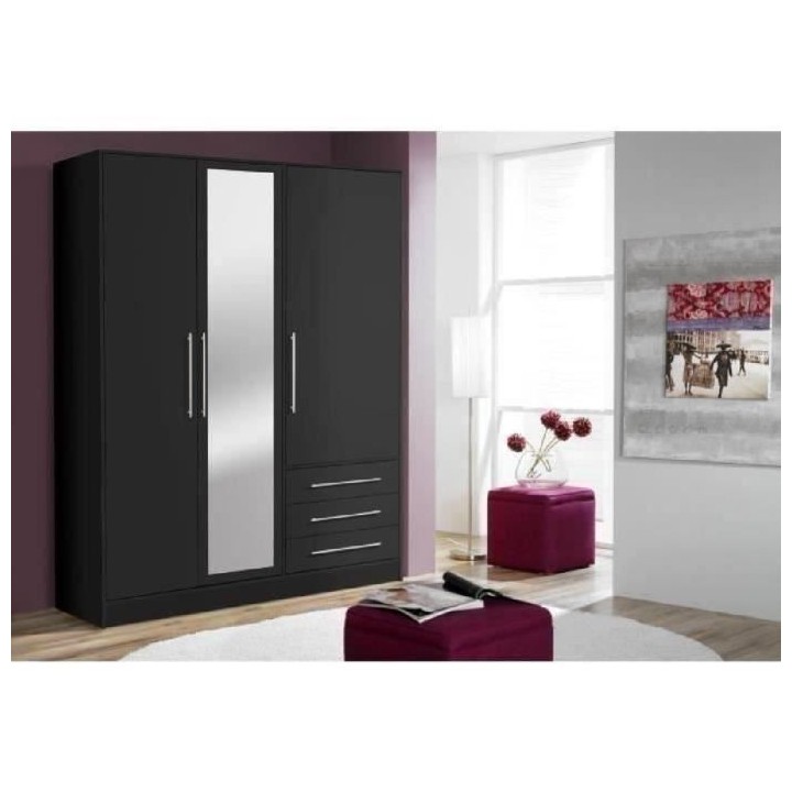 Armoire 3 portes battantes avec miroir + 3 tiroirs - Bois aggloméré