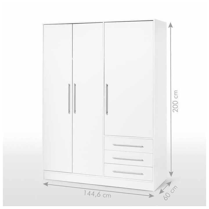 Armoire 3 portes battantes + 3 tiroirs - Bois aggloméré - Blanc - L