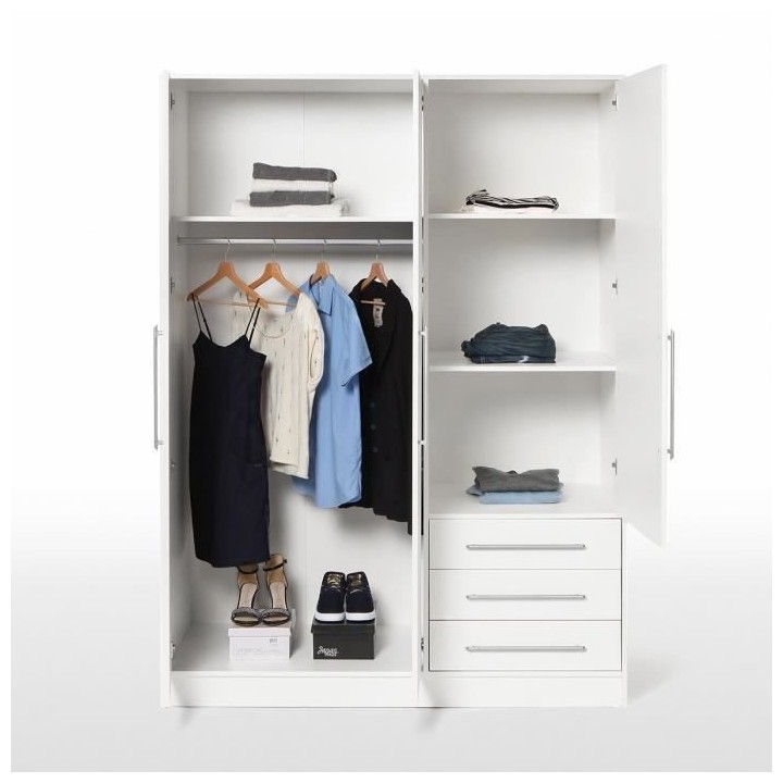 Armoire 3 portes battantes + 3 tiroirs - Bois aggloméré - Blanc - L