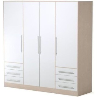 Armoire 4 portes battantes + 6 tiroirs- Bois aggloméré - Chene et bl