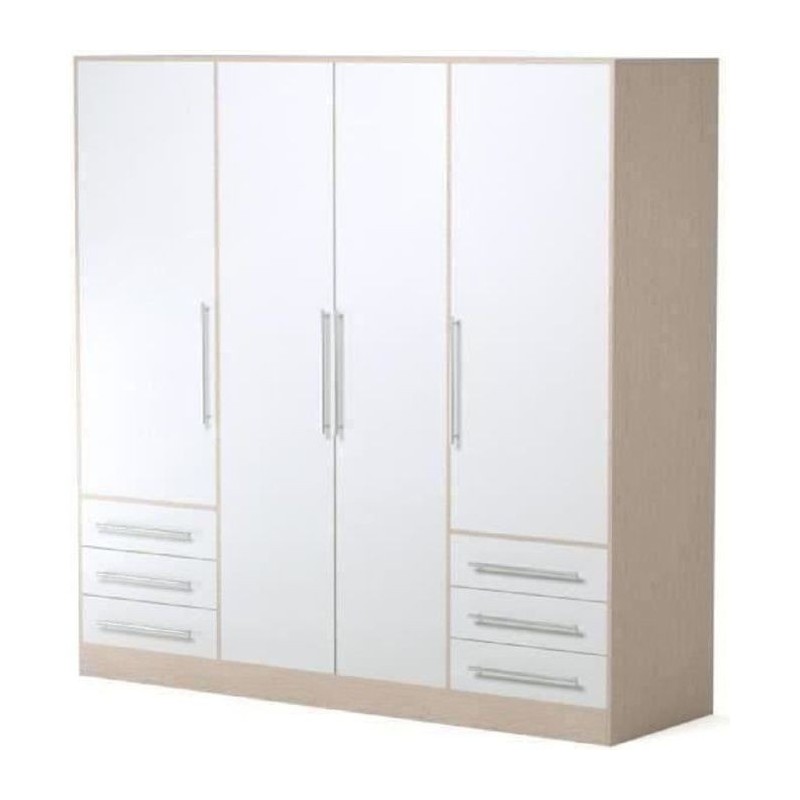 Armoire 4 portes battantes + 6 tiroirs- Bois aggloméré - Chene et blanc - L 206 x P 60 x H 200 cm - JUPITER